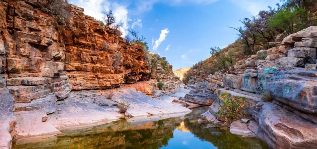 Trekking through a lush, hidden valley treks in Morocco, surrounded by rugged mountains and vibrant greenery.”