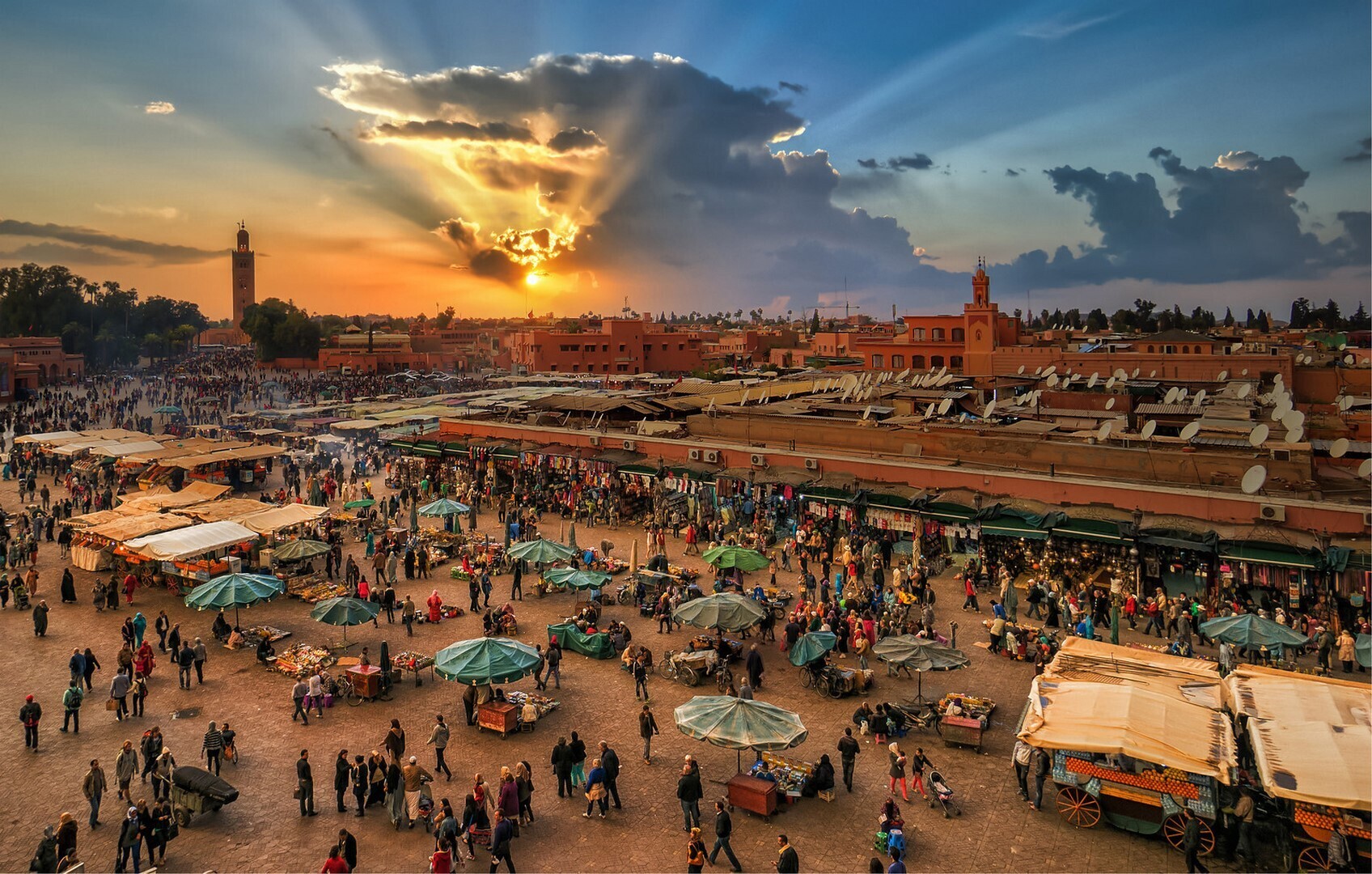Vibrant scene in the heart of Marrakech, featuring bustling souks, historic architecture, and lively street life.Weather for Morocco in December