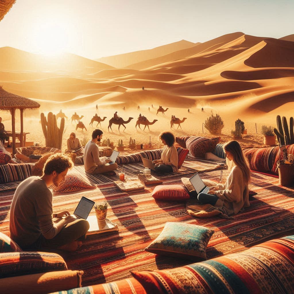 Digital nomads working in Morocco with scenic views in the background