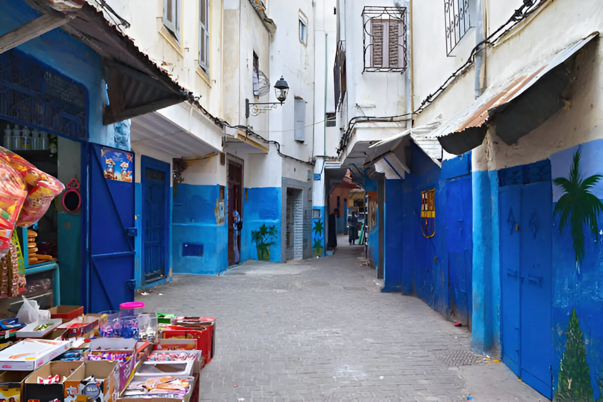 Is Tangier Morocco Safe ? A panoramic view of the bustling Medina in Tangier, Morocco, with its narrow alleys and vibrant market stalls.