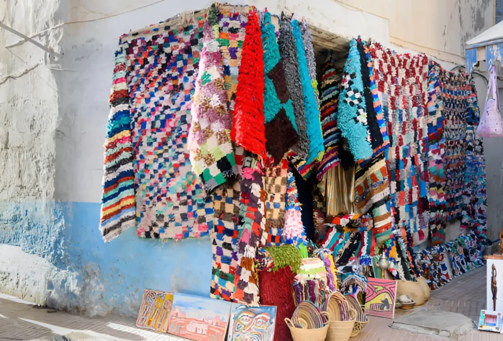 Colorful Moroccan rug displayed in a souk