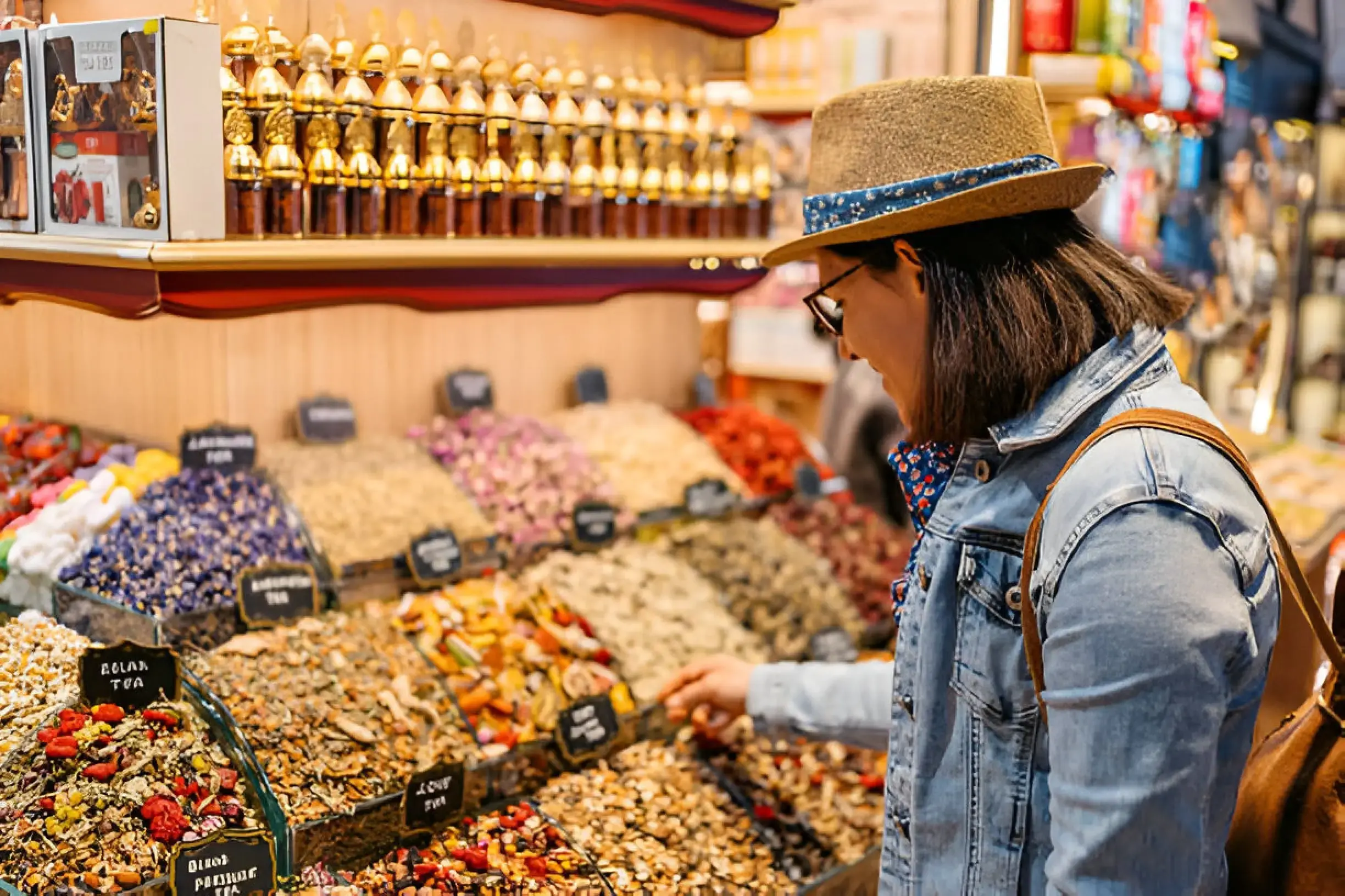 Is Morocco safe for women? A solo female traveler explores a vibrant Moroccan market, surrounded by colorful textiles and spices, embracing the local culture.