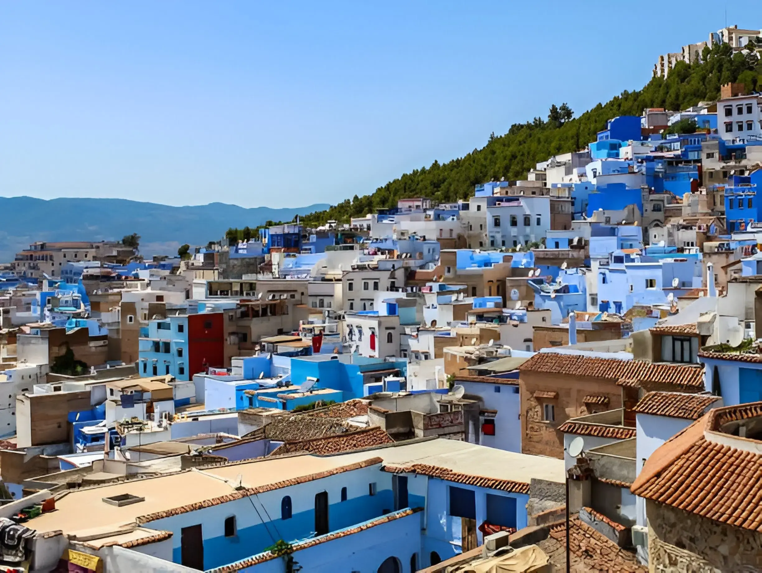the Blue City Morocco.Chefchaouen's blue-washed streets with vibrant markets and Rif Mountains in the background.
