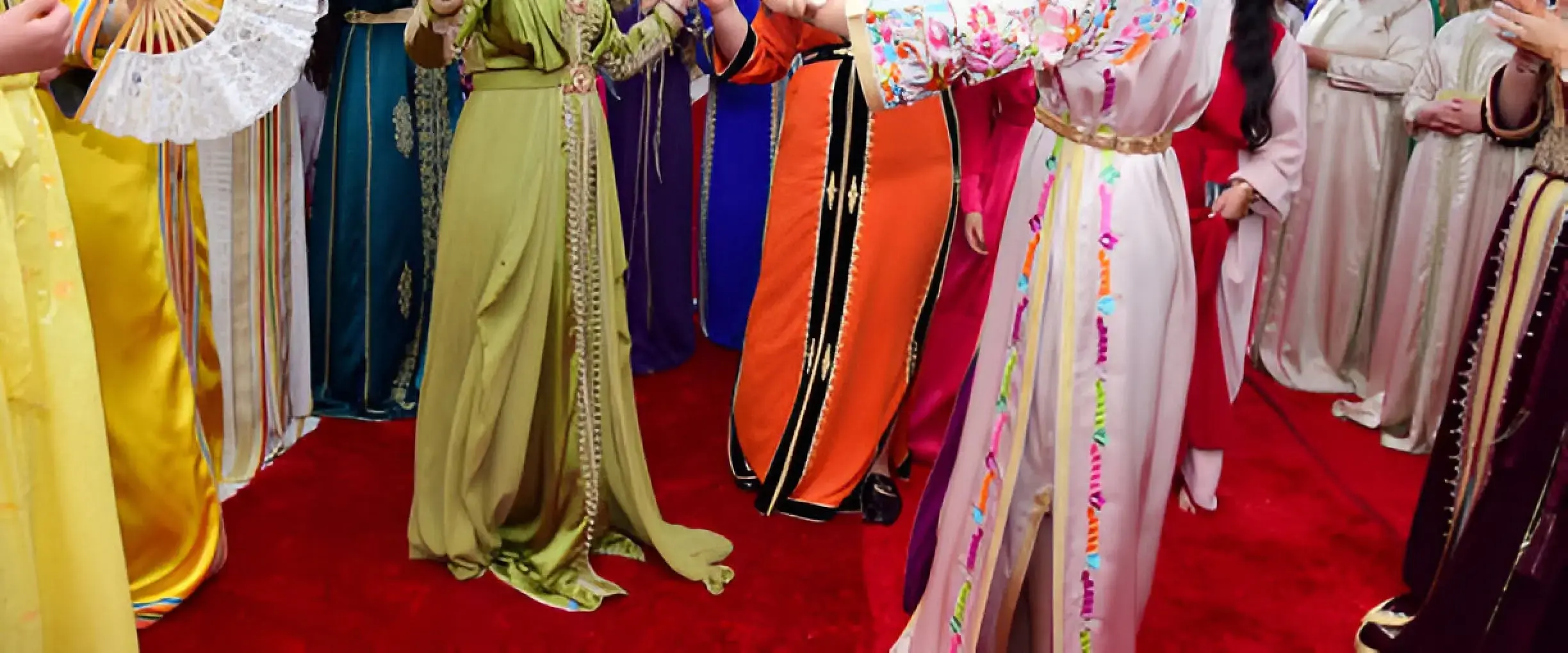 A group of women wearing vibrant Moroccan kaftans on a red carpet, showcasing intricate designs and traditional embroidery.