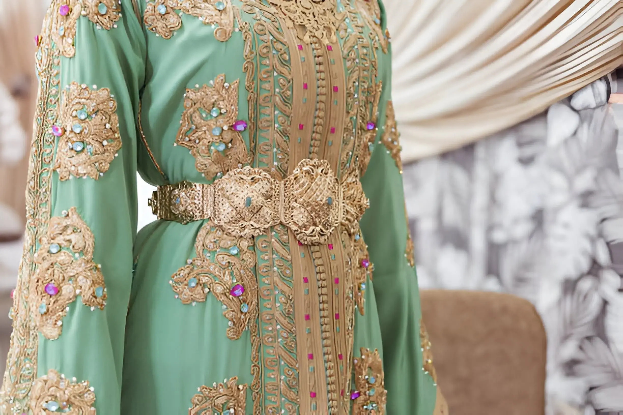 Moroccan Kaftan:Traditional Moroccan dress featuring a colorful kaftan and djellaba, key elements in Moroccan clothing and culture.