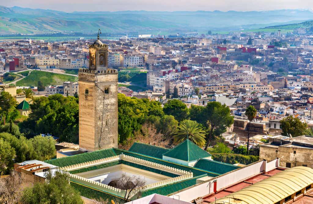 A scenic view of the Medina of Fes with its ancient buildings and narrow alleys, showcasing the rich culture and architecture of Morocco.