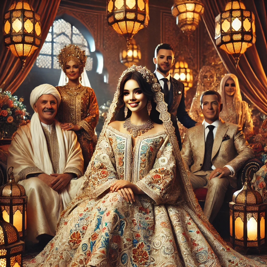 DALL·E 2025 03 07 23.05.19 A Moroccan bride wearing a beautifully embroidered kaftan in an opulent wedding setting. She is adorned with traditional Moroccan jewelry and surround